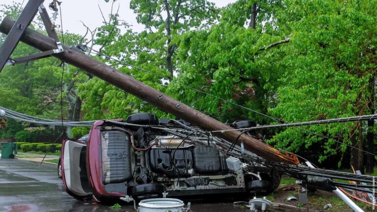 Electricity poles fall because of storms. damaged car