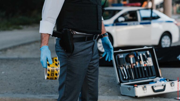 cropped image of policeman in latex gloves holding police line a
