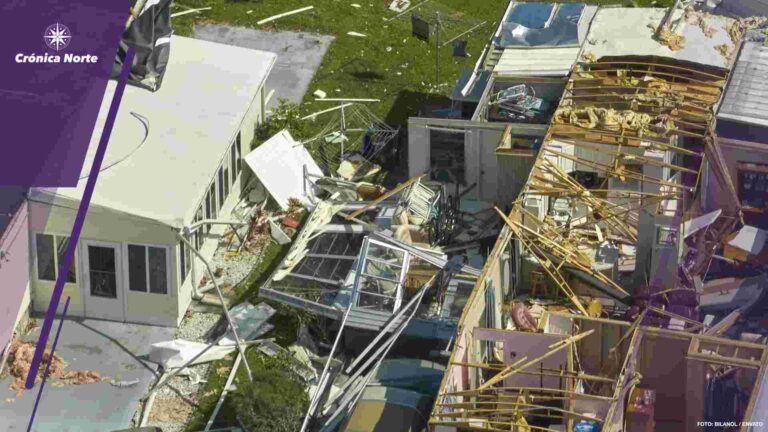 Destroyed by hurricane Ian suburban houses in Florida mobile home residential area. Consequences of natural disaster