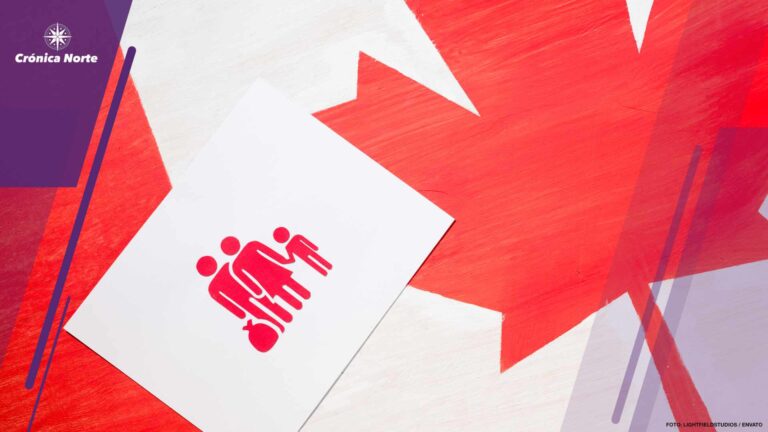 white card with family icon on canadian flag, immigration concep
