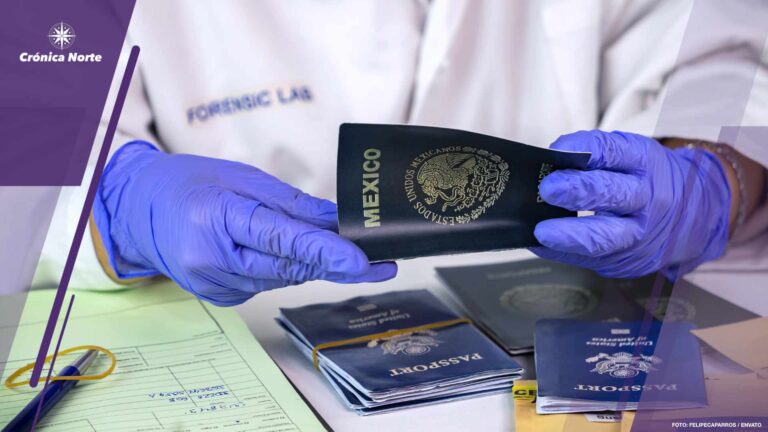 Expert police officer examining mexican passport of a evidence bag in laboratory of criminology, conceptual image