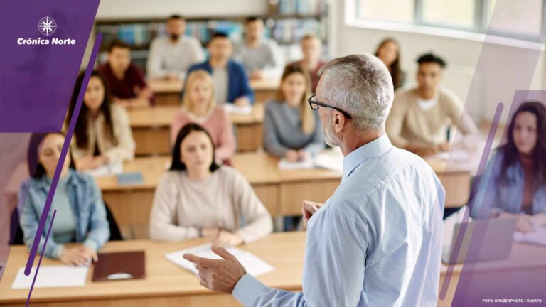 Rear view of mature teacher talking to his student during lecture at university classroom.