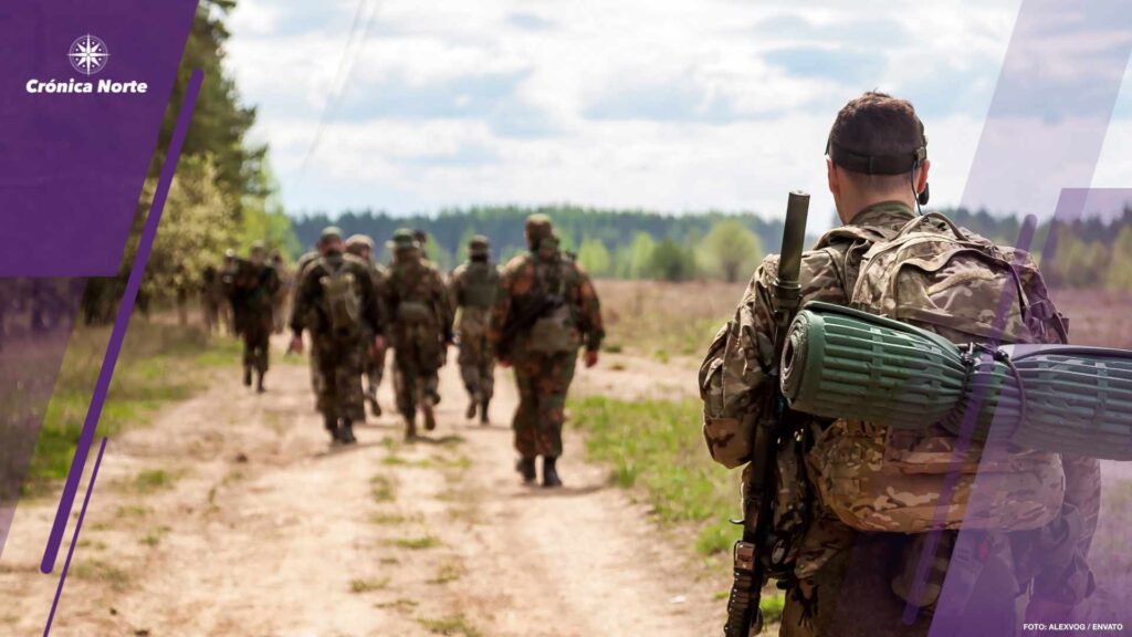Ukrainian soldiers men gone on road military camouflage uniform with weapon in forest at nature background, rear view