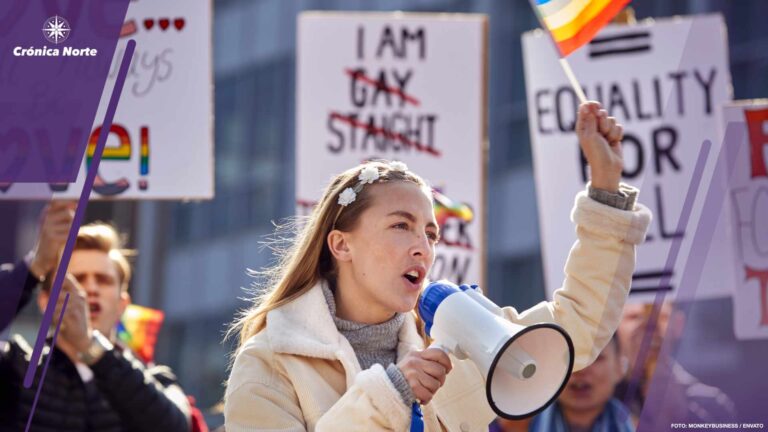 Group Of Protestors With Placards And Megaphone On Demonstration