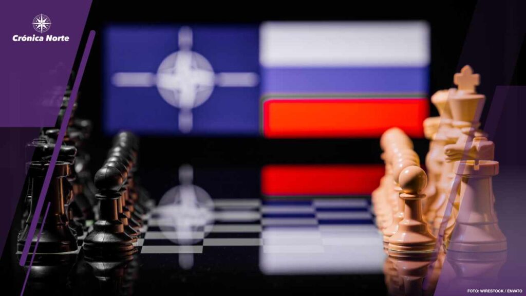 Concept of war between Russia and NATO using chess figures and national flags