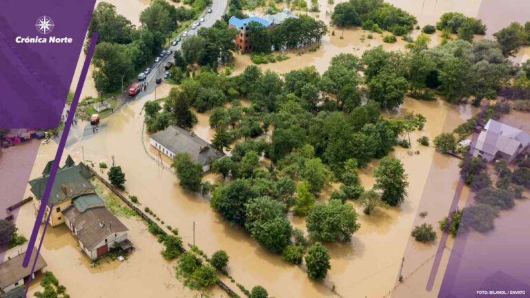 Aerial view of flooded houses with dirty water of Dnister river in Halych town, western Ukraine.