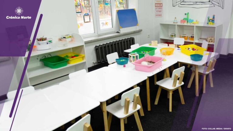 Interior of the classroom in kindergarten with wooden chairs and