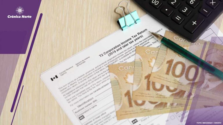 Canadian T2 tax form Corporation income tax return lies on table with canadian money bills