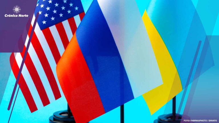 Small flags of Russia, Ukraine and USA on blue background