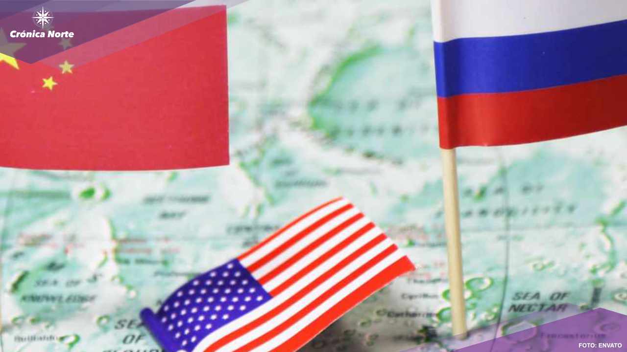China and Russia flags winning the war with the USA over colonizing the moon
